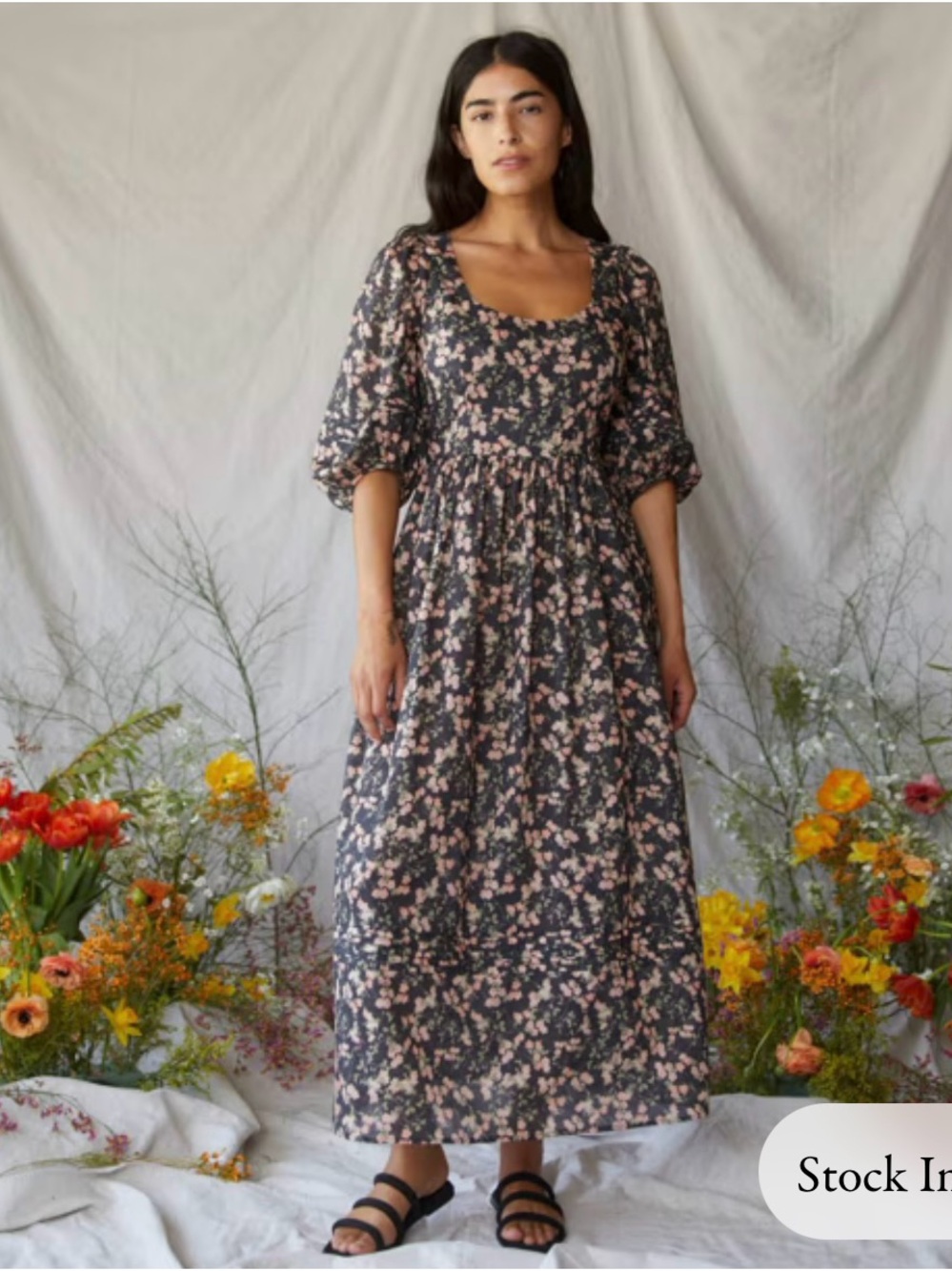 The Adly Dress | Forget Me Not Noir Dark Floral Scoop Neck Quarter Sleeve Maxi